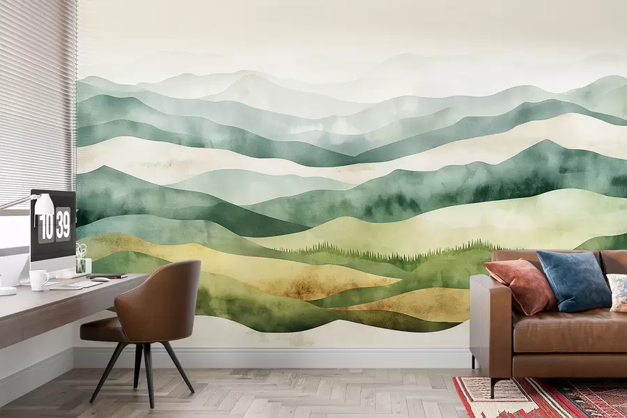 carta da parati Paesaggi di montagne dell'acquerello, foresta, colori naturali verdi e beige nr. w07950