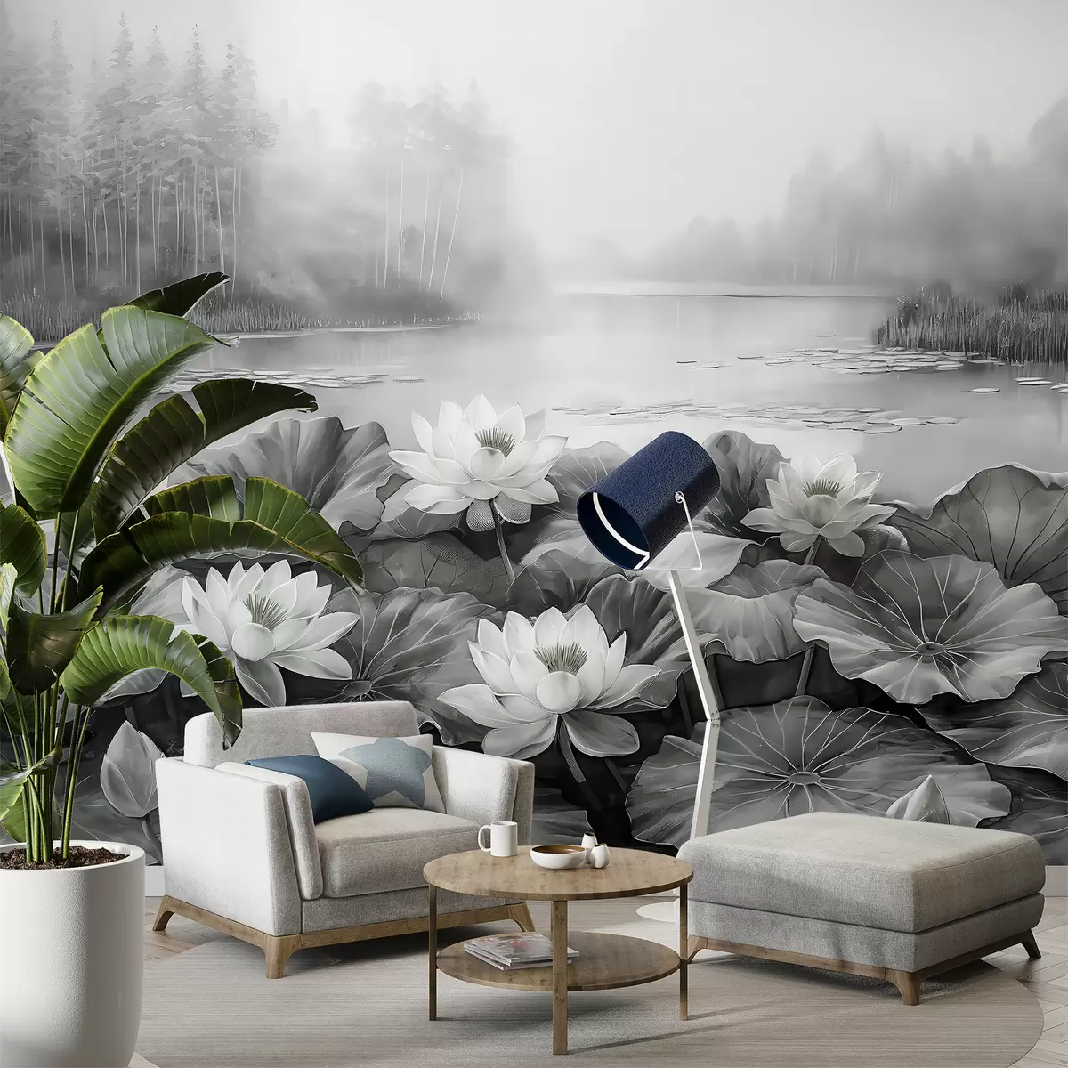 carta da parati Ninfee, lago nella foresta, disegno acrilico, natura, colori grigi nr. w07957v1