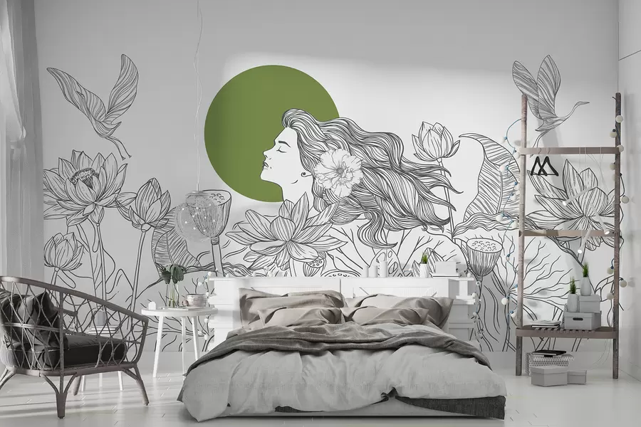 Carta da parati Floreale Donna nella natura, disegno a tratteggio, fiori di loto, grandi foglie, uccelli in volo, colore grigio e verde n. w07988v3