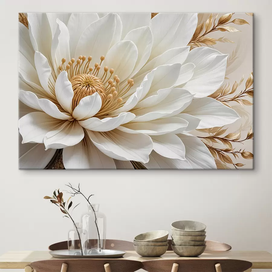 carta da parati Un primo piano di un grande fiore bianco della dalia con petali delicati e un centro giallo vibrante nr. s39508