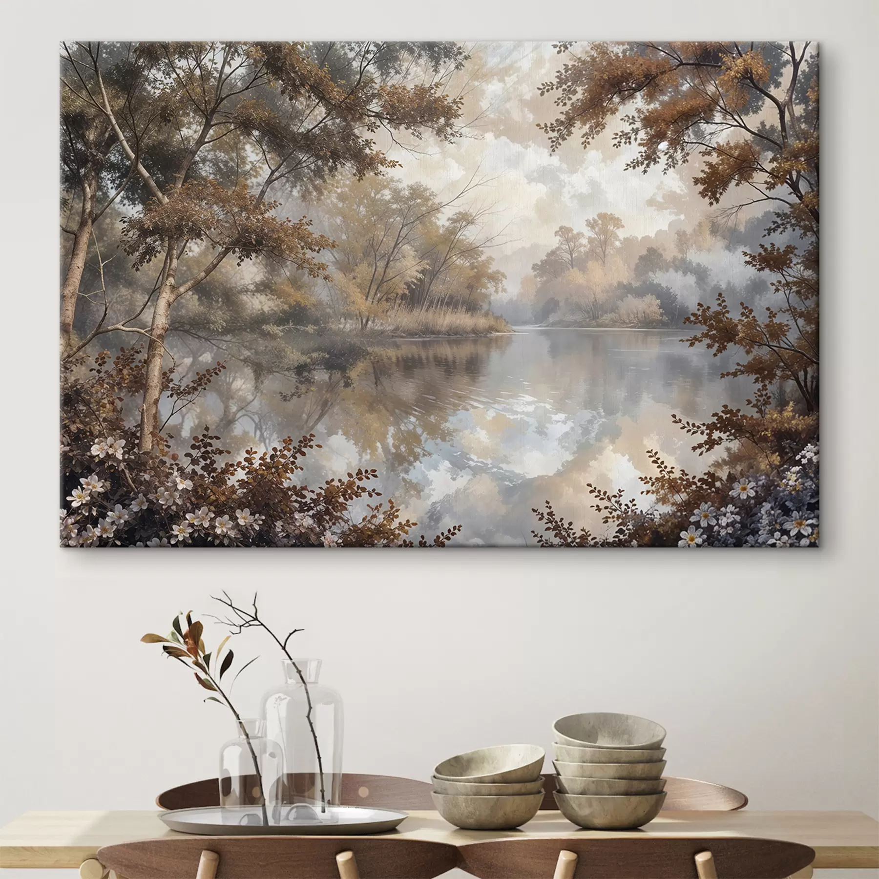 carta da parati Paesaggio autunnale con un lago calmo circondato da alberi dalle vivaci foglie arancioni e gialle nr. s39511