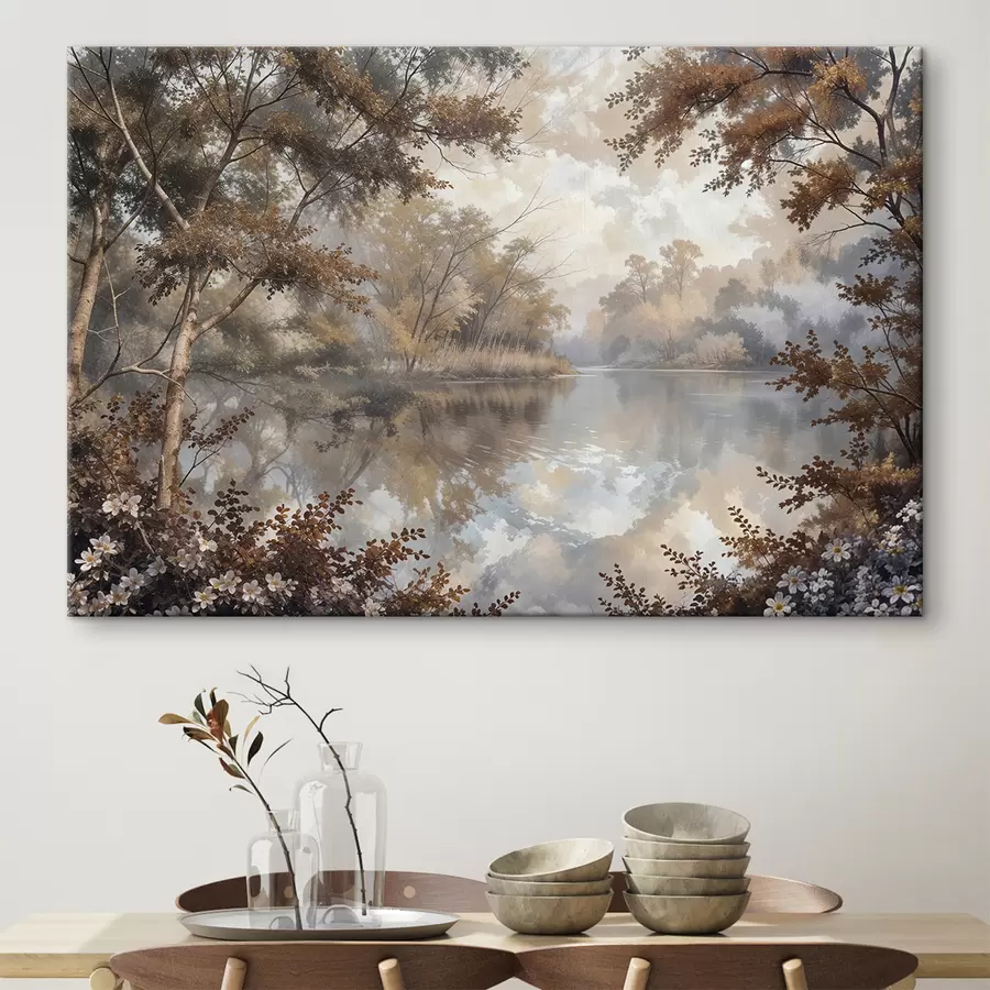 carta da parati Paesaggio autunnale con un lago calmo circondato da alberi dalle vivaci foglie arancioni e gialle nr. s39511