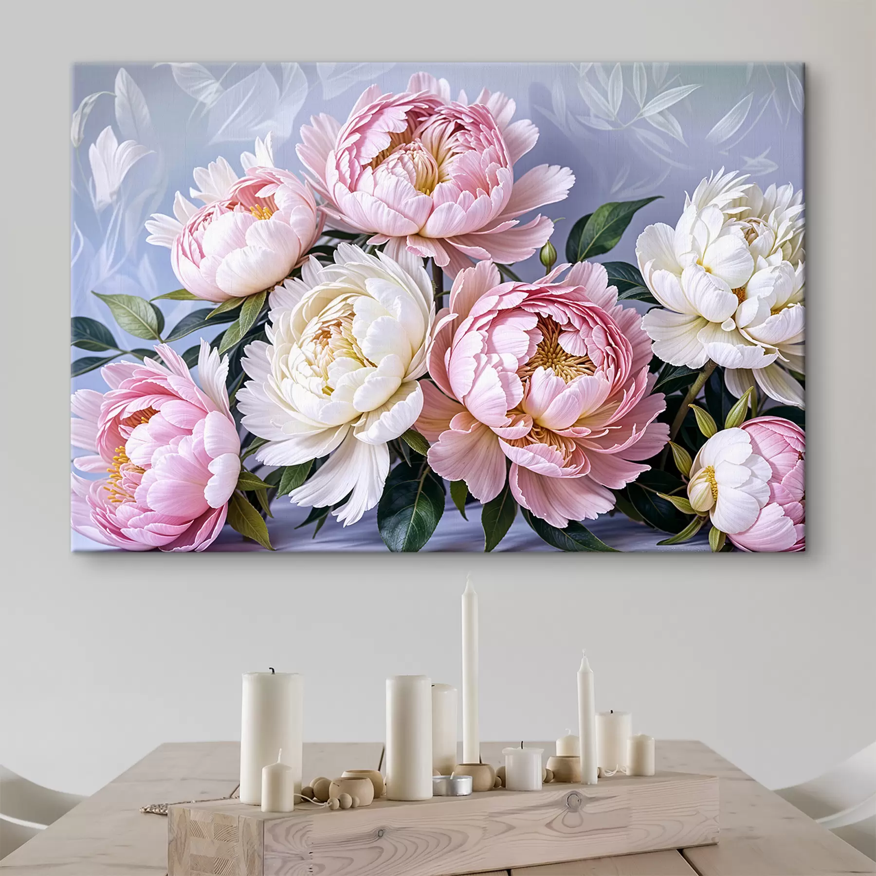 carta da parati Un bouquet di grandi e rigogliosi fiori di peonia rosa e bianca con foglie verdi su uno sfondo morbido e sfocato nr. s39514