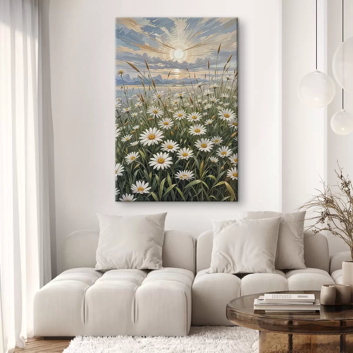 carta da parati Un campo di fiori bianchi a margherita in primo piano con un paesaggio di montagne e un cielo nuvoloso  nr. s39528