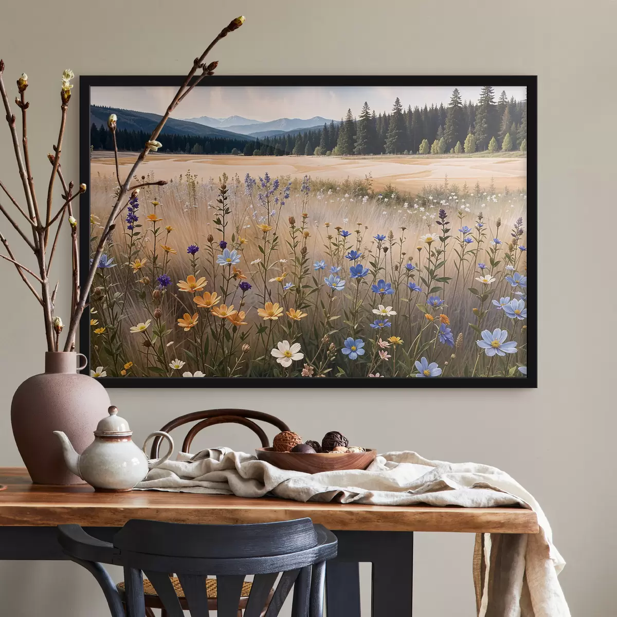 Poster Un campo di fiori colorati in primo piano, con un lago e montagne sullo sfondo f39502