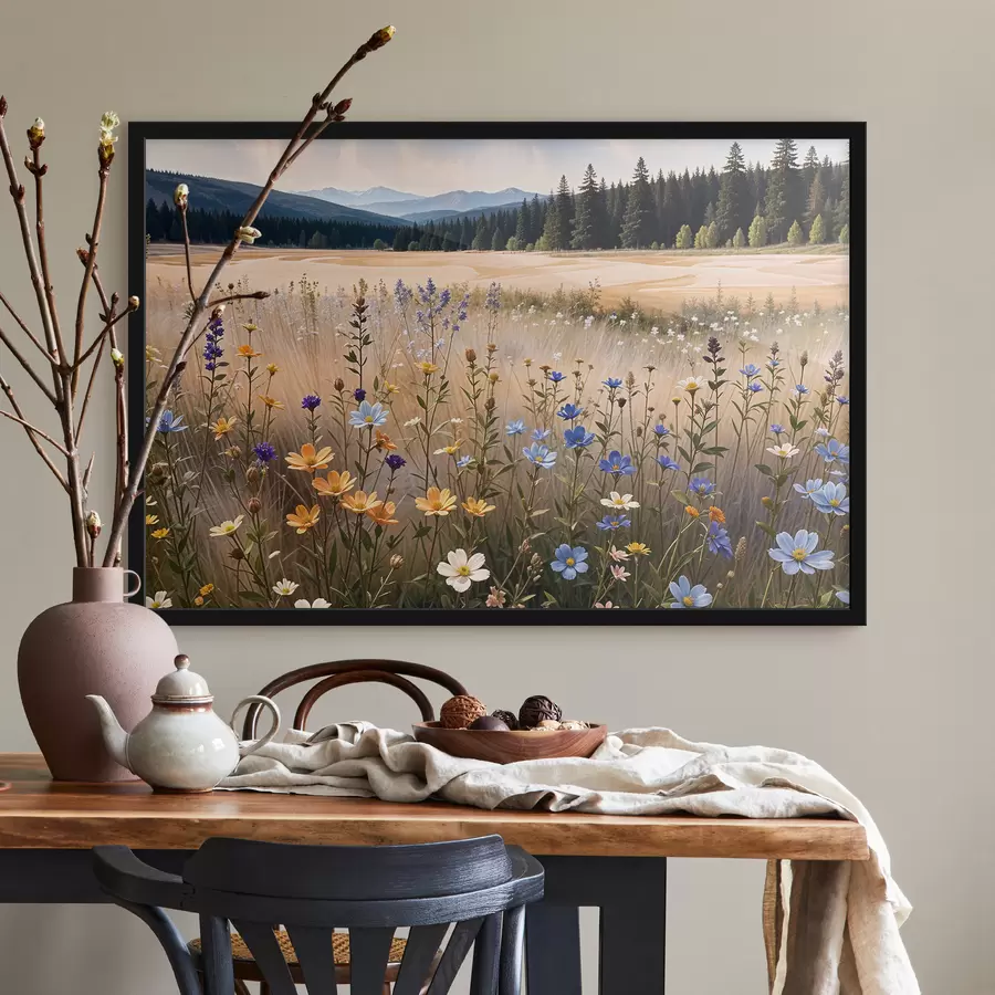 carta da parati Un campo di fiori colorati in primo piano, con un lago e montagne sullo sfondo nr. f39502