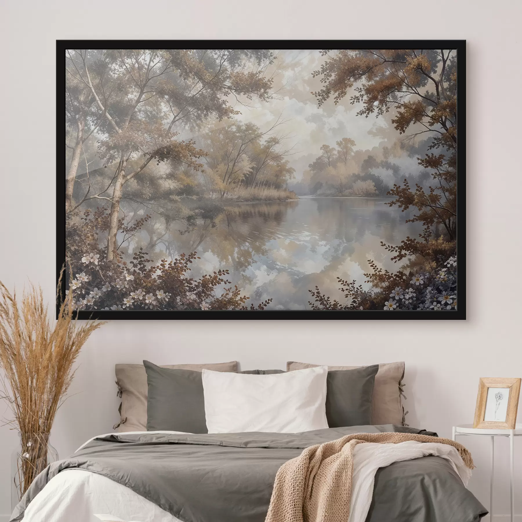 carta da parati Paesaggio autunnale con un lago calmo circondato da alberi dalle vivaci foglie arancioni e gialle nr. f39511