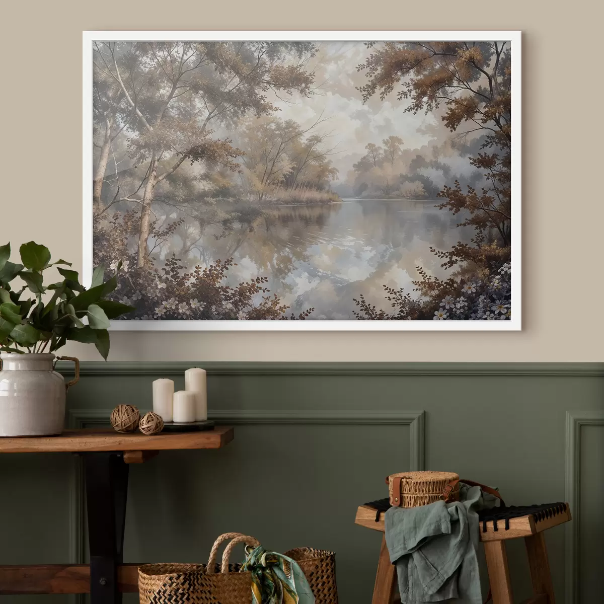 Poster Paesaggio autunnale con un lago calmo circondato da alberi dalle vivaci foglie arancioni e gialle f39511