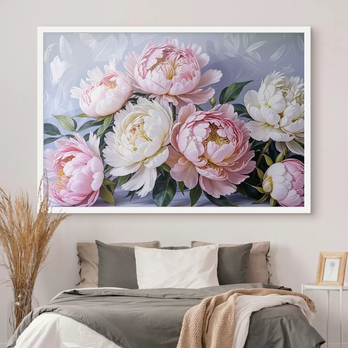 Poster Un bouquet di grandi e rigogliosi fiori di peonia rosa e bianca con foglie verdi su uno sfondo morbido e sfocato f39514