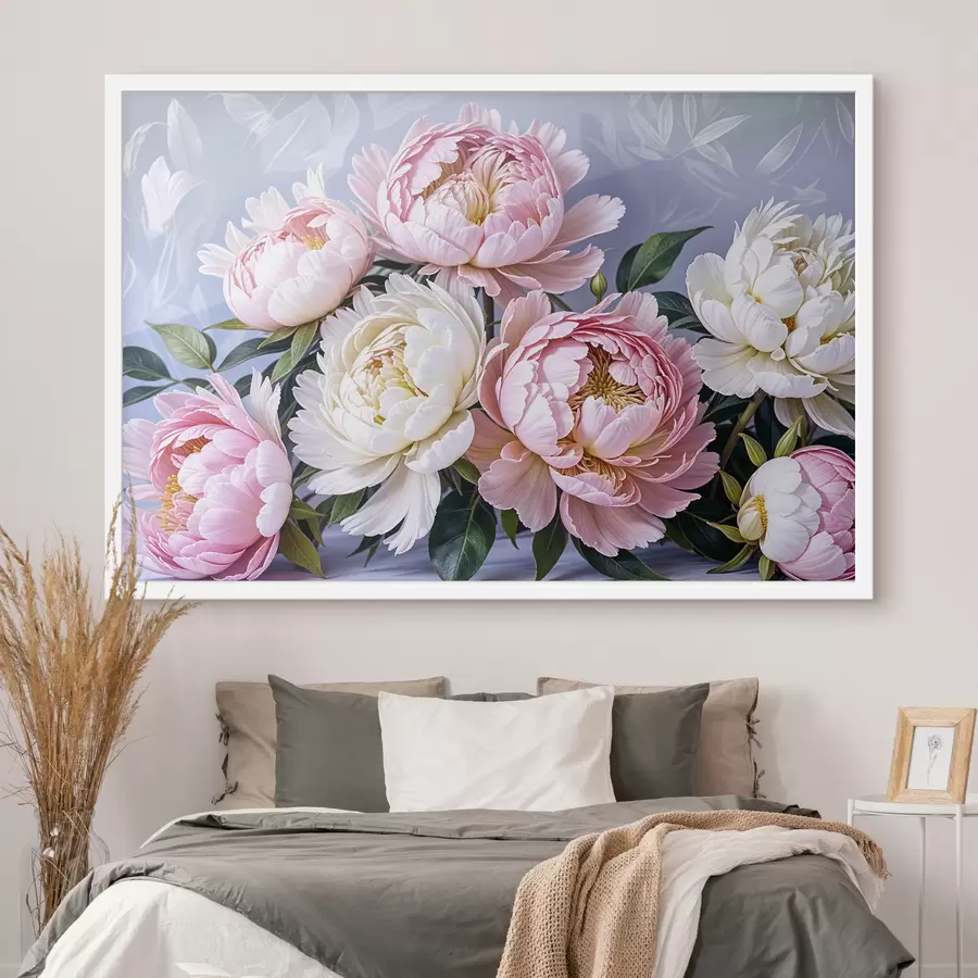 carta da parati Un bouquet di grandi e rigogliosi fiori di peonia rosa e bianca con foglie verdi su uno sfondo morbido e sfocato nr. f39514