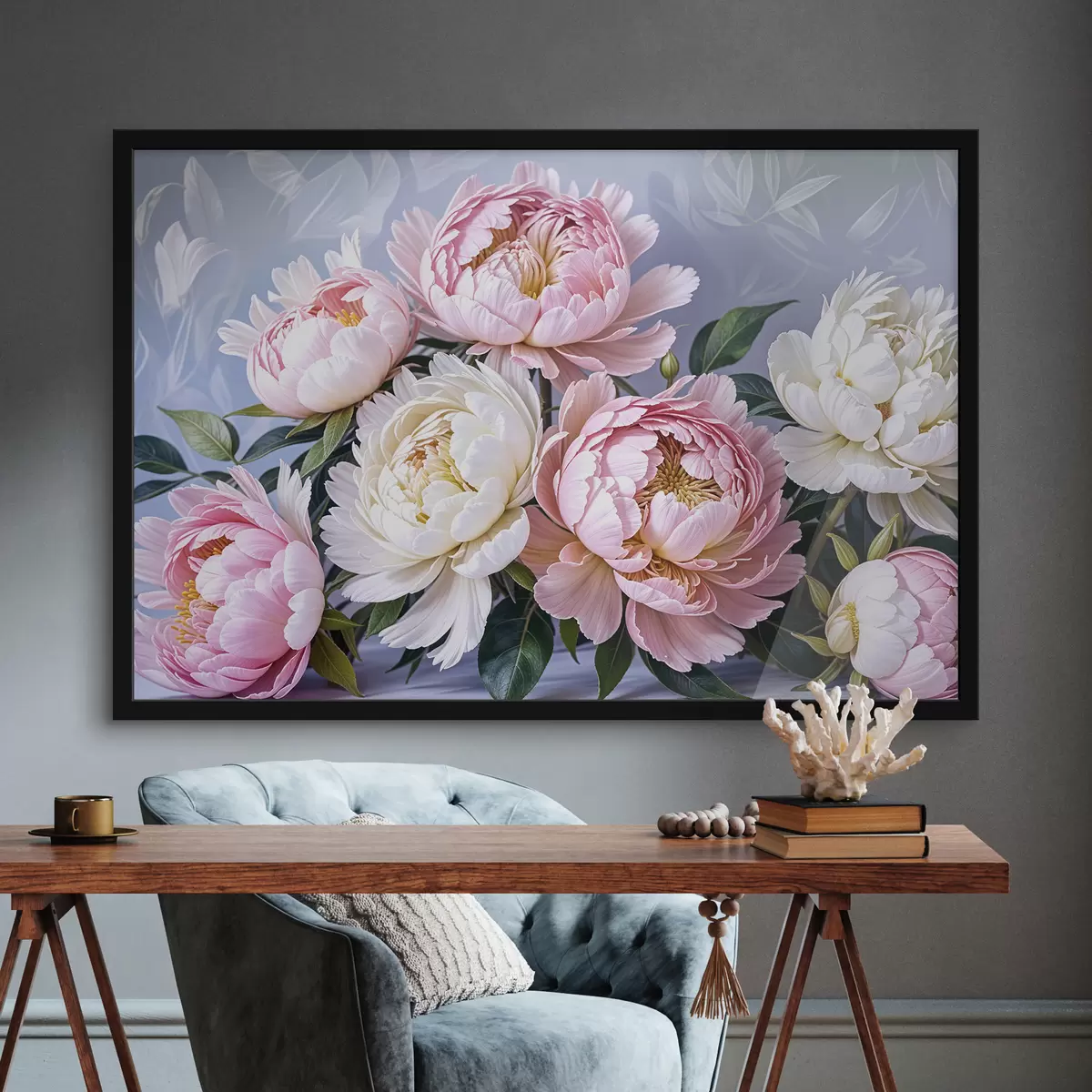 Poster Un bouquet di grandi e rigogliosi fiori di peonia rosa e bianca con foglie verdi su uno sfondo morbido e sfocato f39514