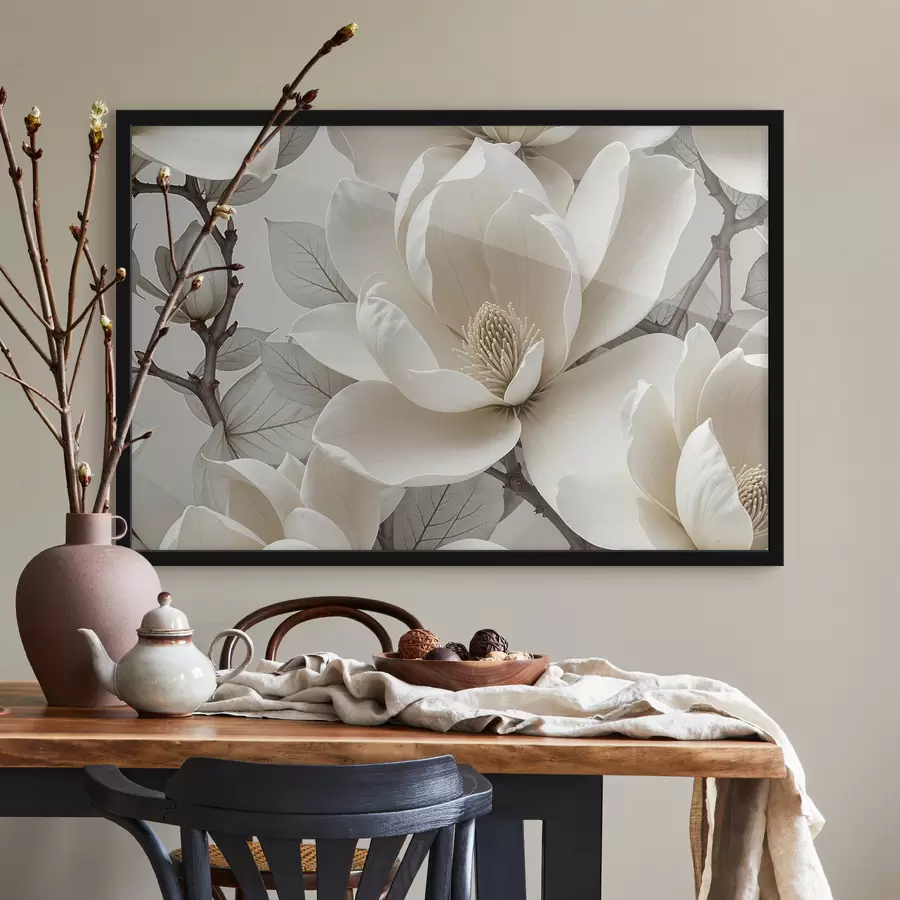 carta da parati Fiore di magnolia bianco con petali delicati circondati da foglie verdi su sfondo chiaro nr. f39527