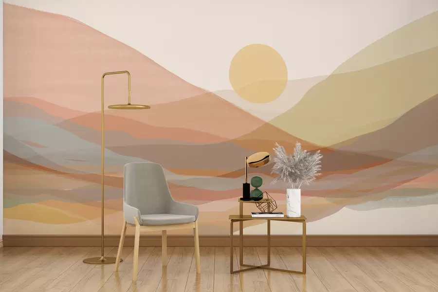 carta da parati Paesaggio montuoso con un caldo sole nel cielo, dolci colline nei toni dell'arancio, del giallo e del marrone nr. w07976