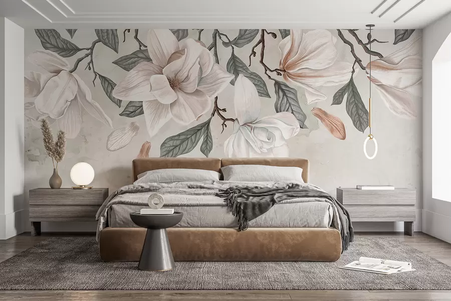 Carta da parati Floreale Delicati fiori di magnolia rosa e bianchi con foglie verdi su sfondo chiaro, una composizione floreale morbida n. w07977