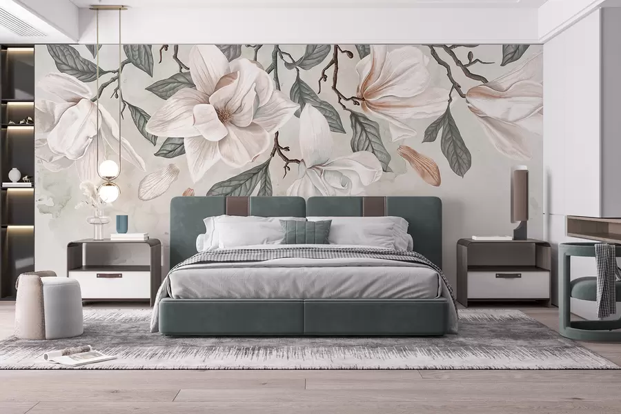 Carta da parati Floreale Delicati fiori di magnolia rosa e bianchi con foglie verdi su sfondo chiaro, una composizione floreale morbida n. w07977