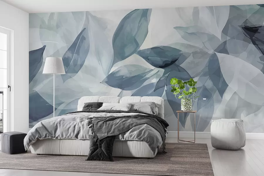 carta da parati Morbide foglie acquerellate grigie e bianche con uno sfondo sfocato ed etereo nr. w07981