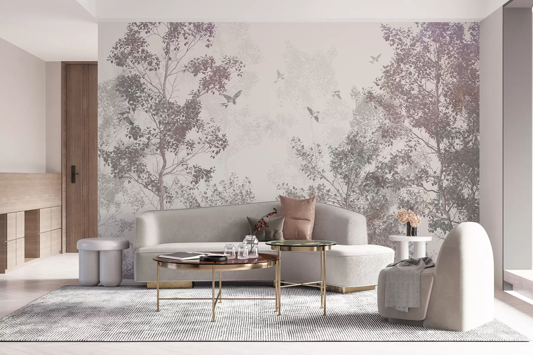 Carta da parati nature Alberi con foglie e rami marroni e grigi con uccelli che volano nel cielo, sfondo bianco 