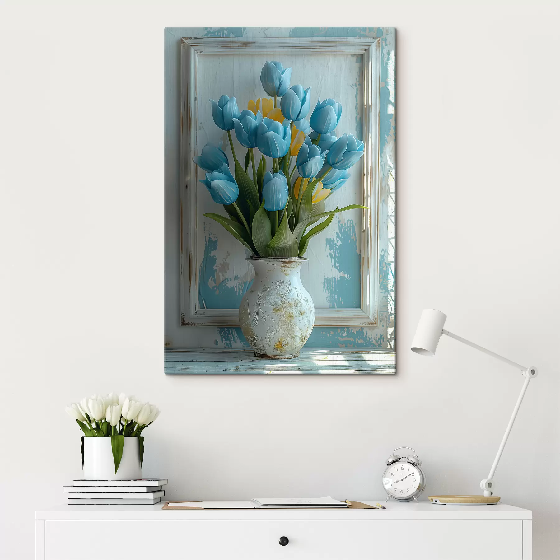 carta da parati Tulipani blu e gialli in 3D: elegante quadro da parete con cornice bianca, sfondo bianco e azzurro e vaso inciso nr. s39636