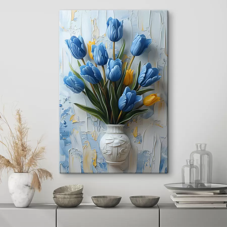 carta da parati Tulipani blu e gialli in 3D: elegante quadro da parete dipinto ad olio con fondo bianco e azzurro e vaso inciso nr. s39637
