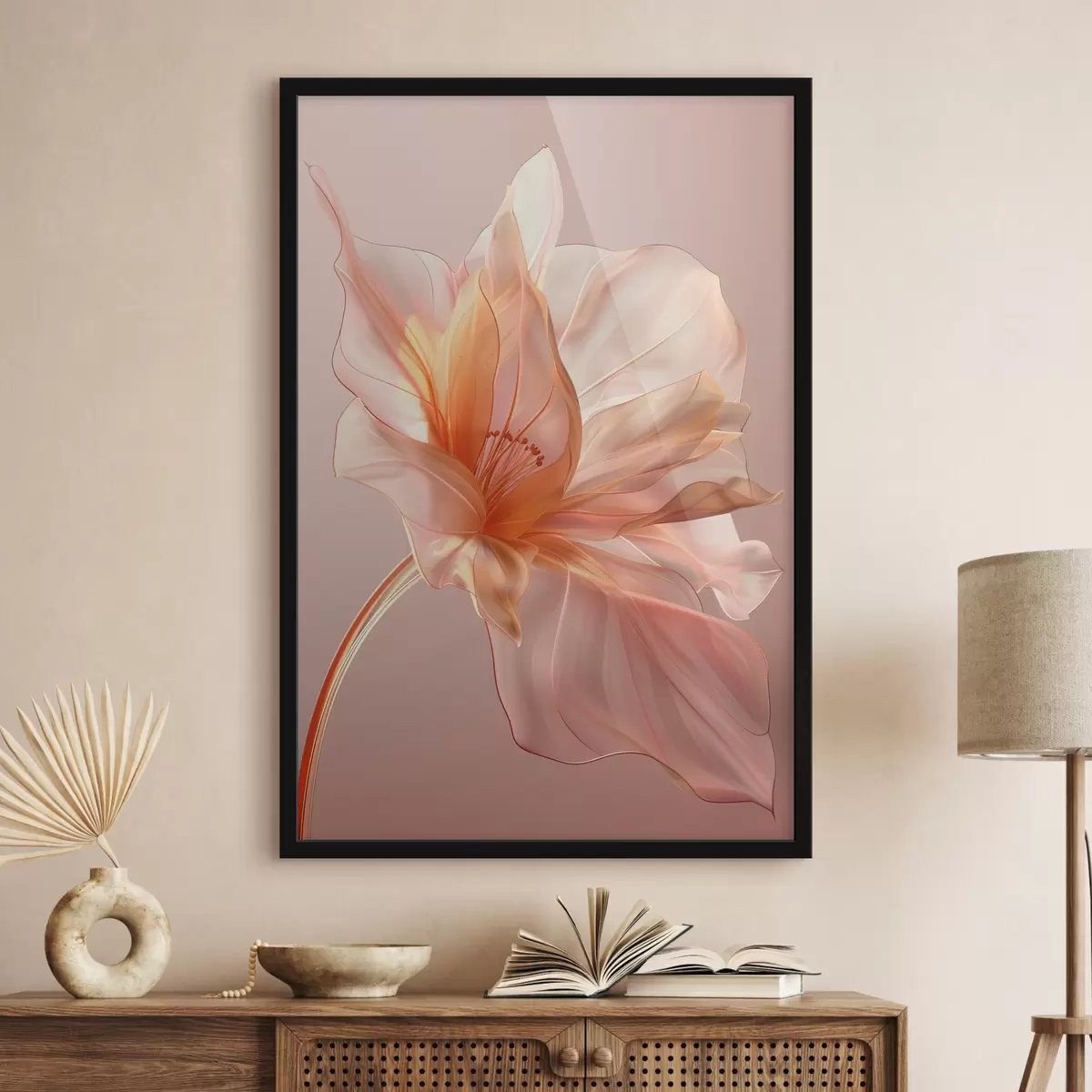 Poster Petalo di fiore di pesco su sfondo rosa con linee fluide, minimalismo e dettagli delicati f39631