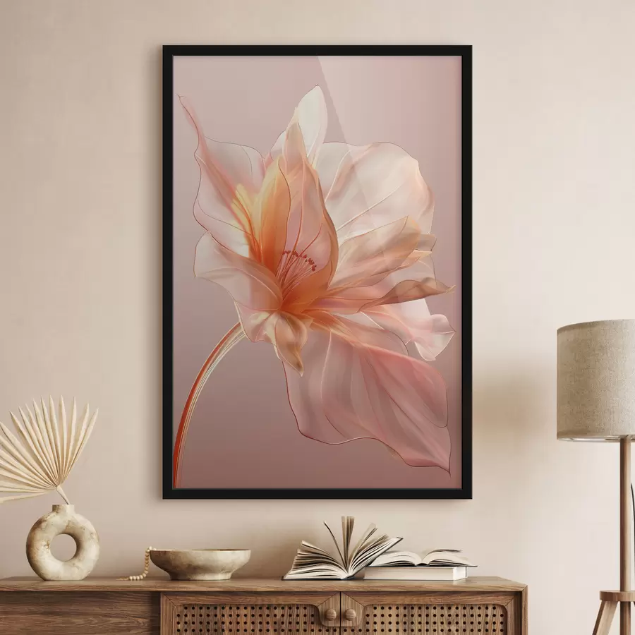 carta da parati Petalo di fiore di pesco su sfondo rosa con linee fluide, minimalismo e dettagli delicati nr. f39631