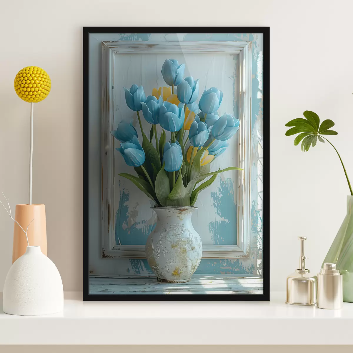Poster Tulipani blu e gialli in 3D: elegante quadro da parete con cornice bianca, sfondo bianco e azzurro e vaso inciso f39636