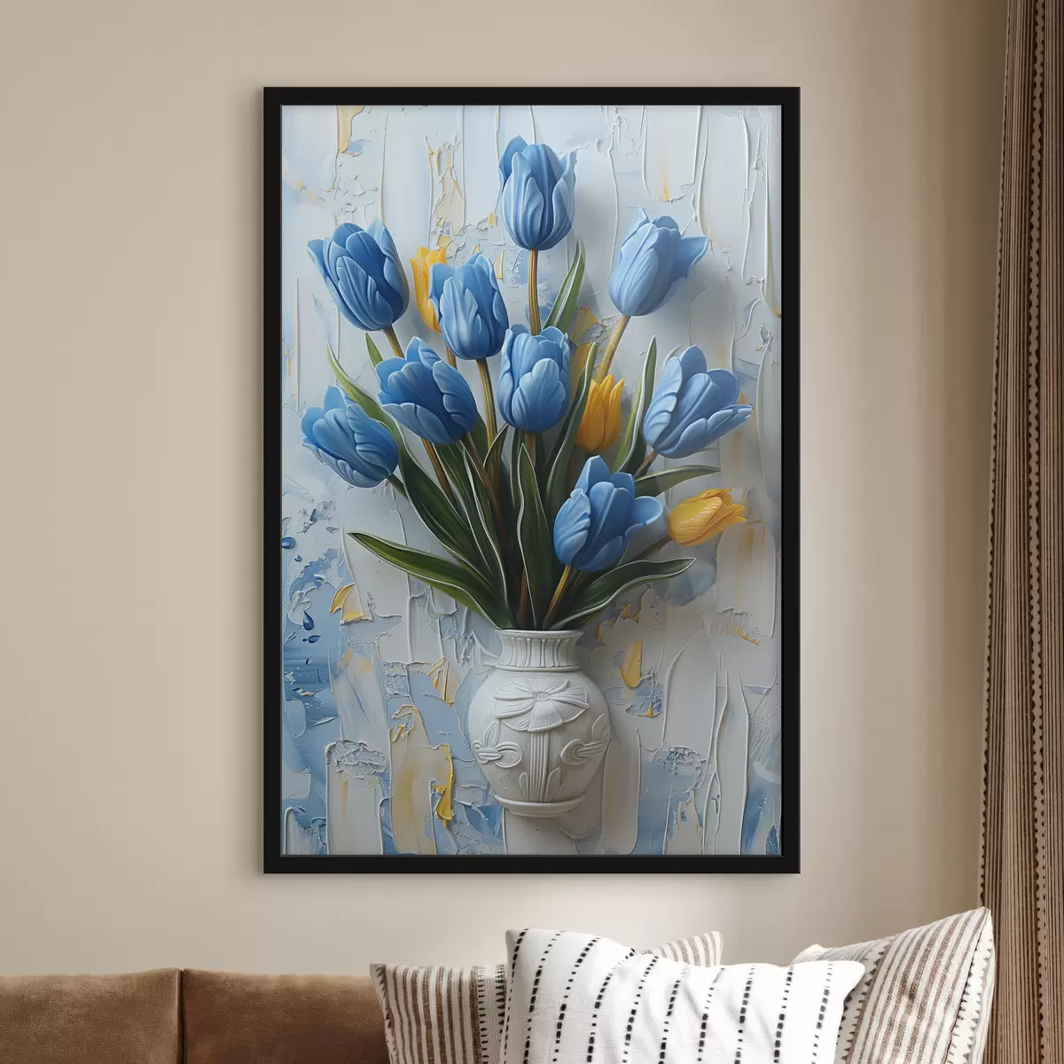 Poster Tulipani blu e gialli in 3D: elegante quadro da parete dipinto ad olio con fondo bianco e azzurro e vaso inciso f39637