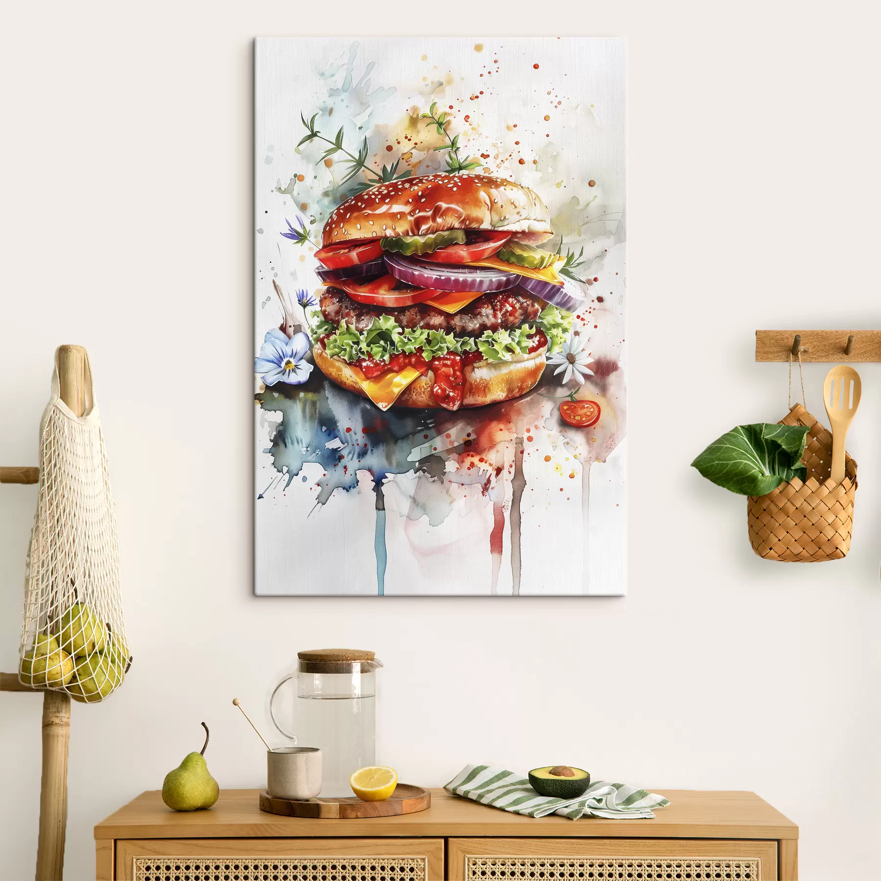 carta da parati Gustoso hamburger con carne, floreale, acquerello, arte alimentare nr. s39699