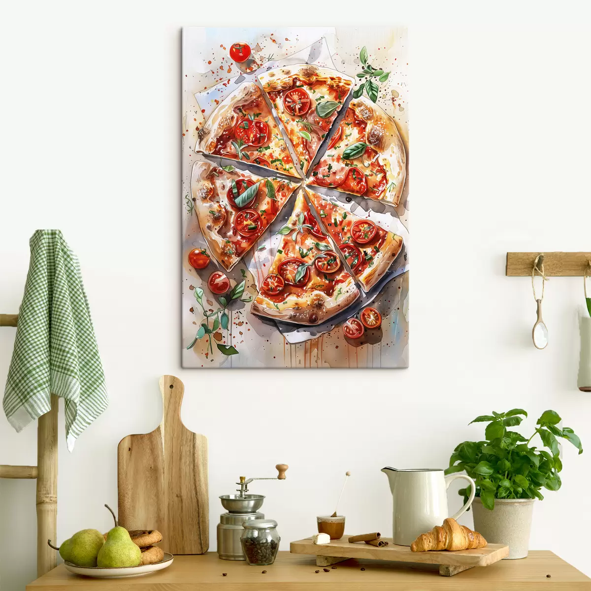 carta da parati Pizza acquerello, deliziosa, pomodori e formaggio, arte alimentare, tavolo in legno nr. s39704
