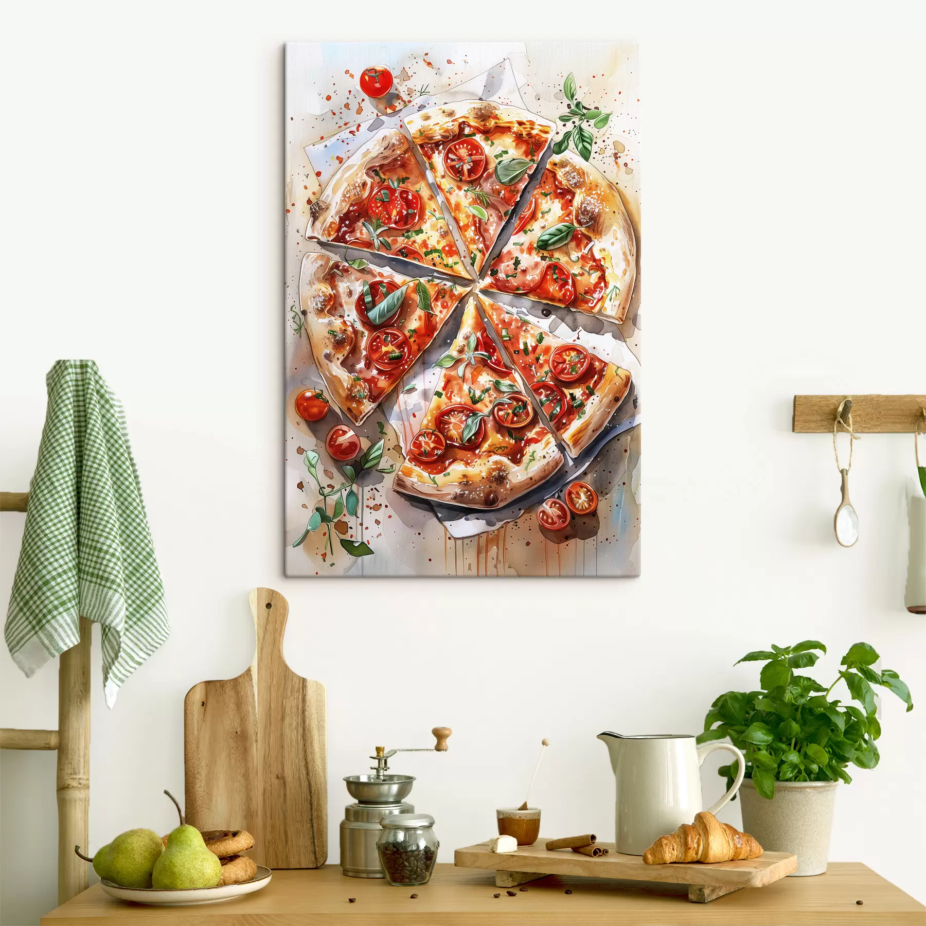carta da parati Pizza acquerello, deliziosa, pomodori e formaggio, arte alimentare, tavolo in legno nr. s39704