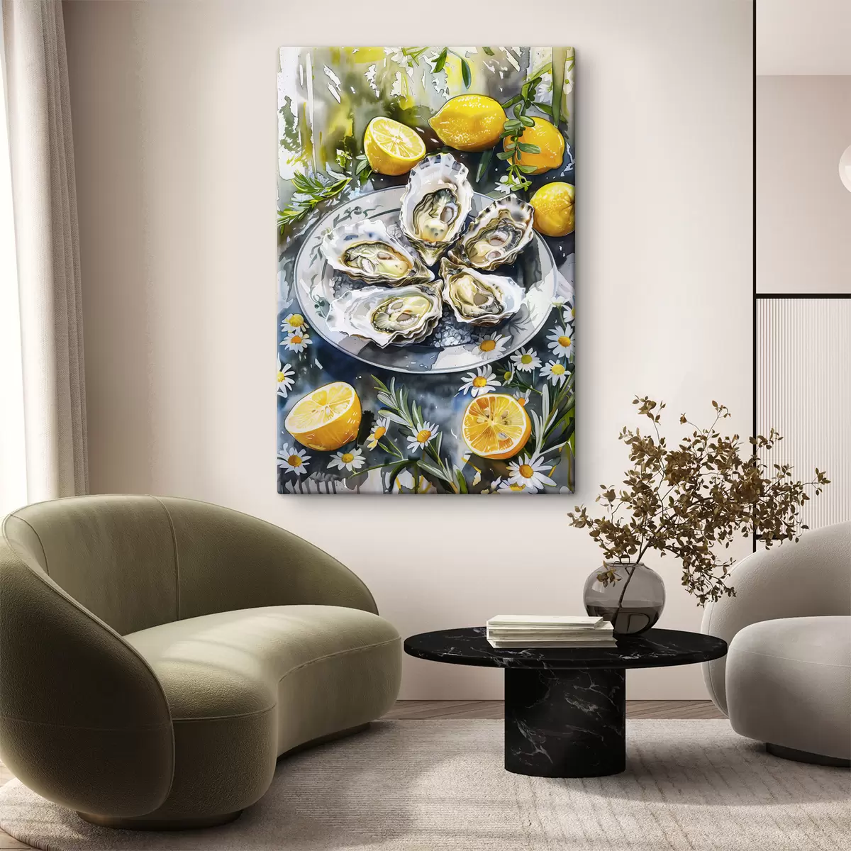 carta da parati Ostriche eleganti nel piatto, limoni e fiori, colori estivi, mediterranei nr. s39710