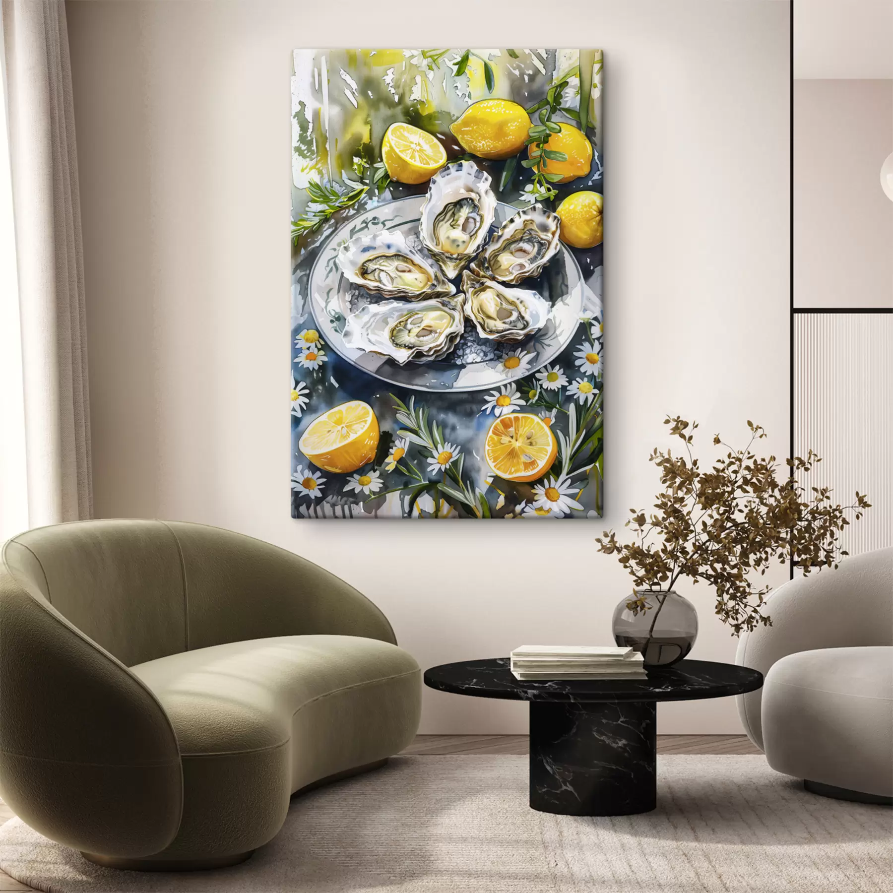 carta da parati Ostriche eleganti nel piatto, limoni e fiori, colori estivi, mediterranei nr. s39710