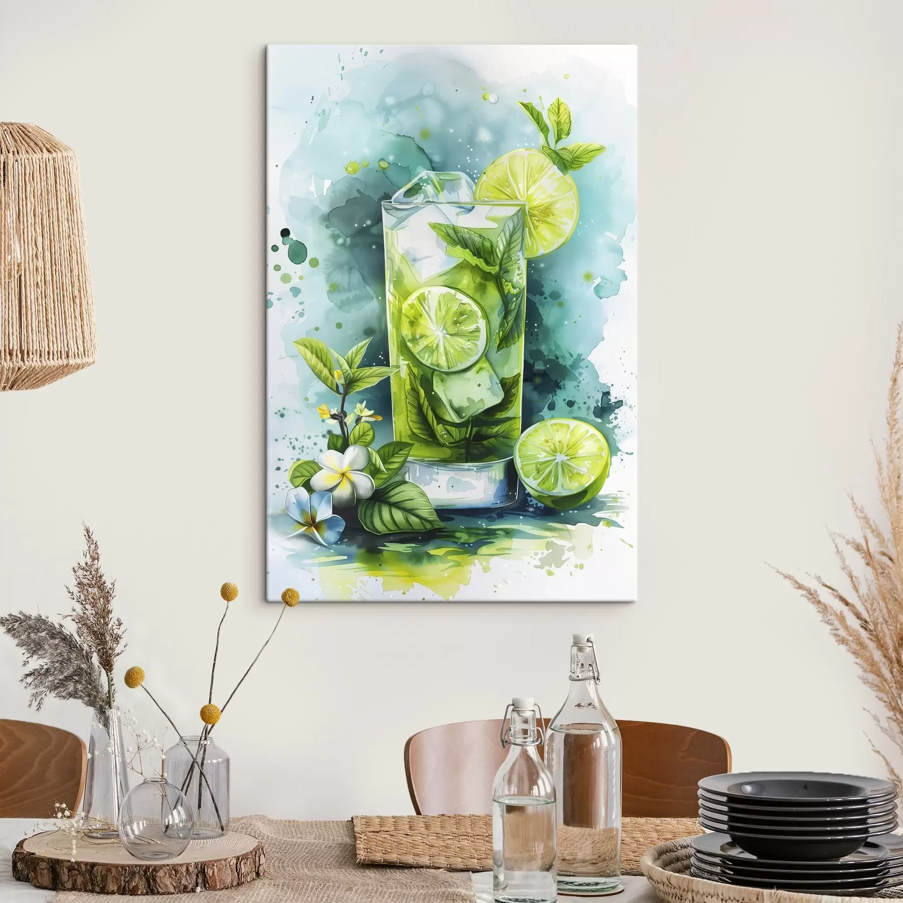 carta da parati Cocktail estivo acquerello, mojito, lime e menta, colori floreali e verdi nr. s39712