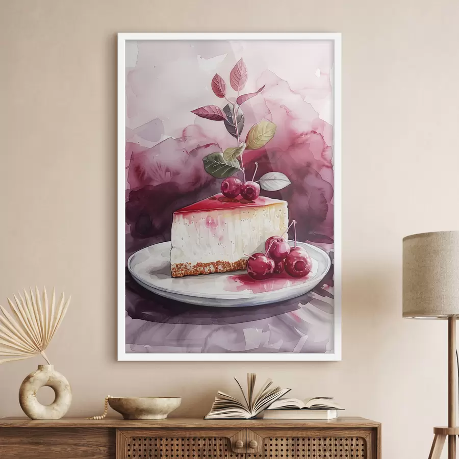 carta da parati Cheesecake all'acquerello con ciliegie, elegante arte culinaria, colori rosso e viola nr. f39700