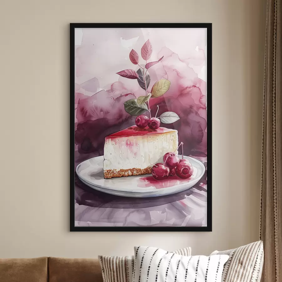 carta da parati Cheesecake all'acquerello con ciliegie, elegante arte culinaria, colori rosso e viola nr. f39700