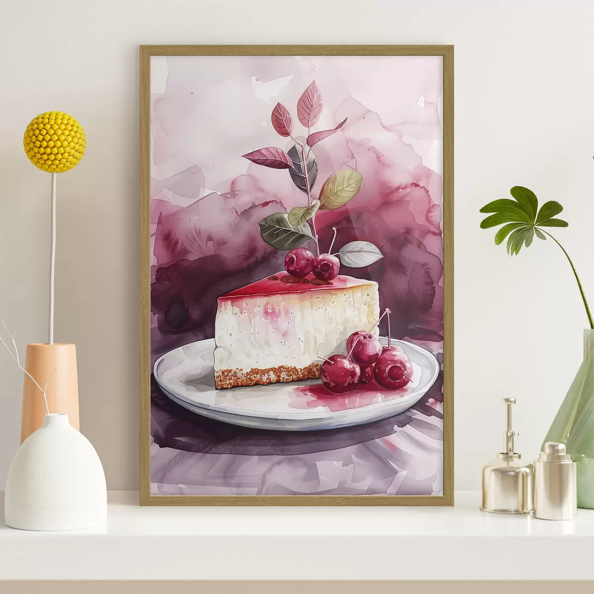 Poster Cheesecake all'acquerello con ciliegie, elegante arte culinaria, colori rosso e viola f39700
