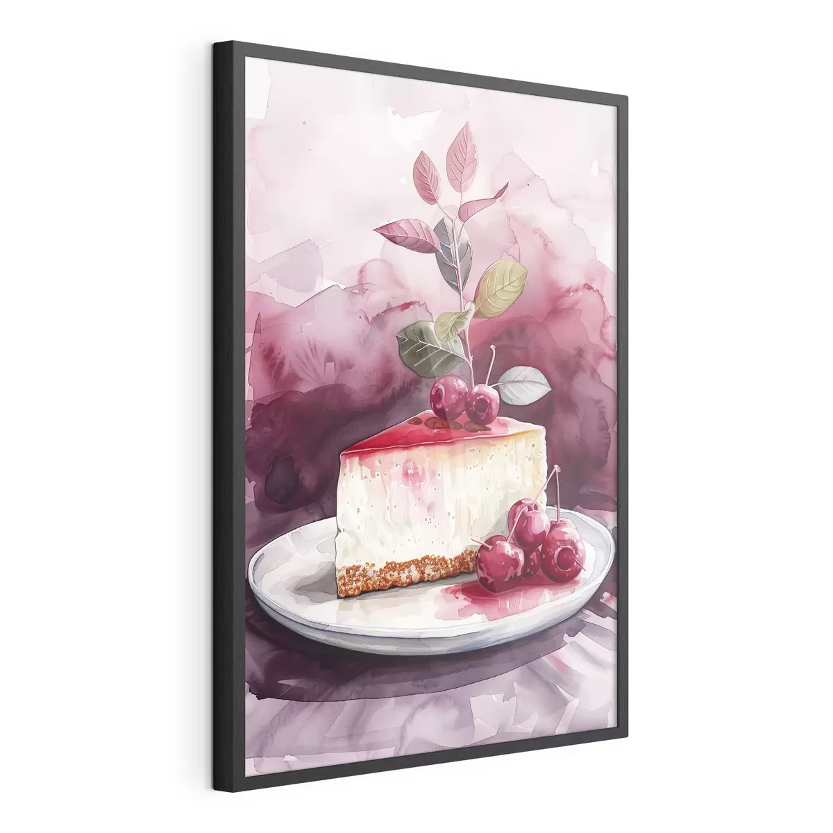 Poster Cheesecake all'acquerello con ciliegie, elegante arte culinaria, colori rosso e viola f39700