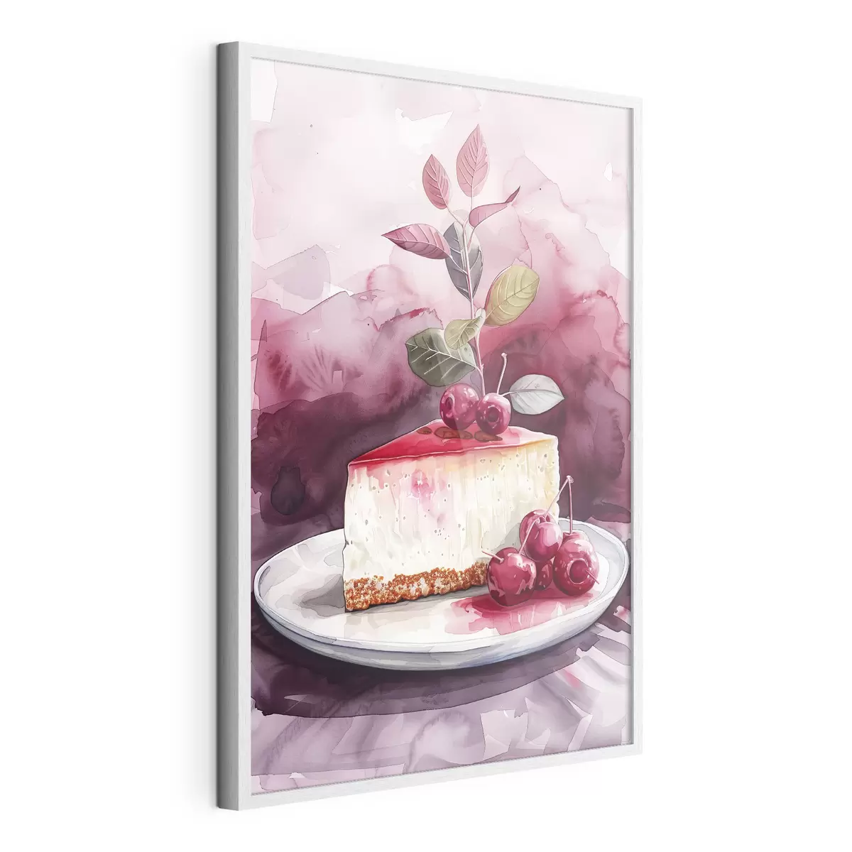 Poster Cheesecake all'acquerello con ciliegie, elegante arte culinaria, colori rosso e viola f39700