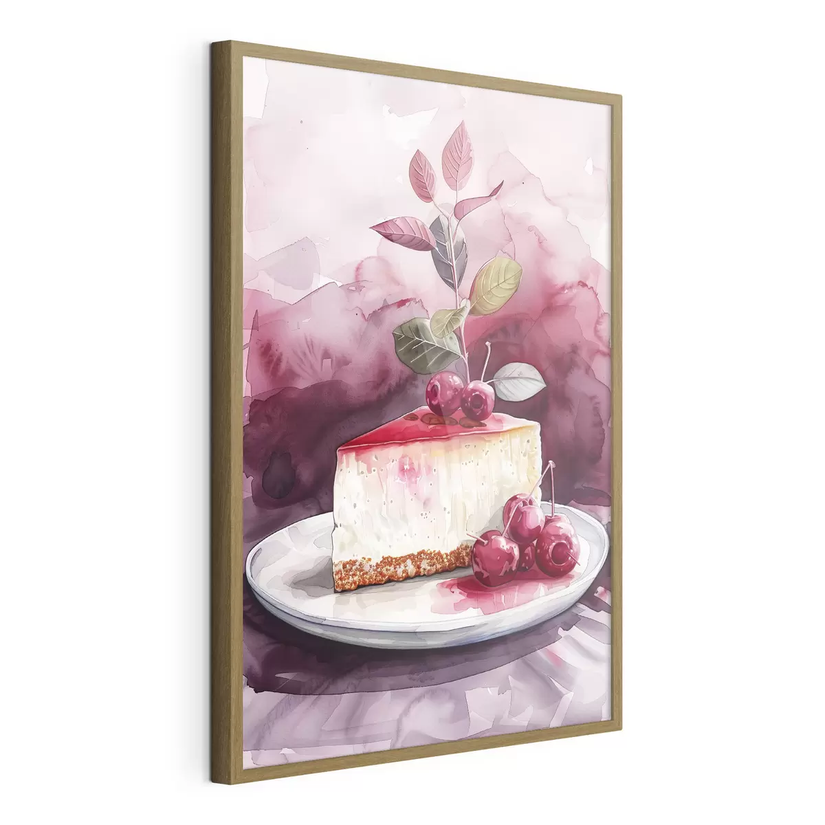 Poster Cheesecake all'acquerello con ciliegie, elegante arte culinaria, colori rosso e viola f39700