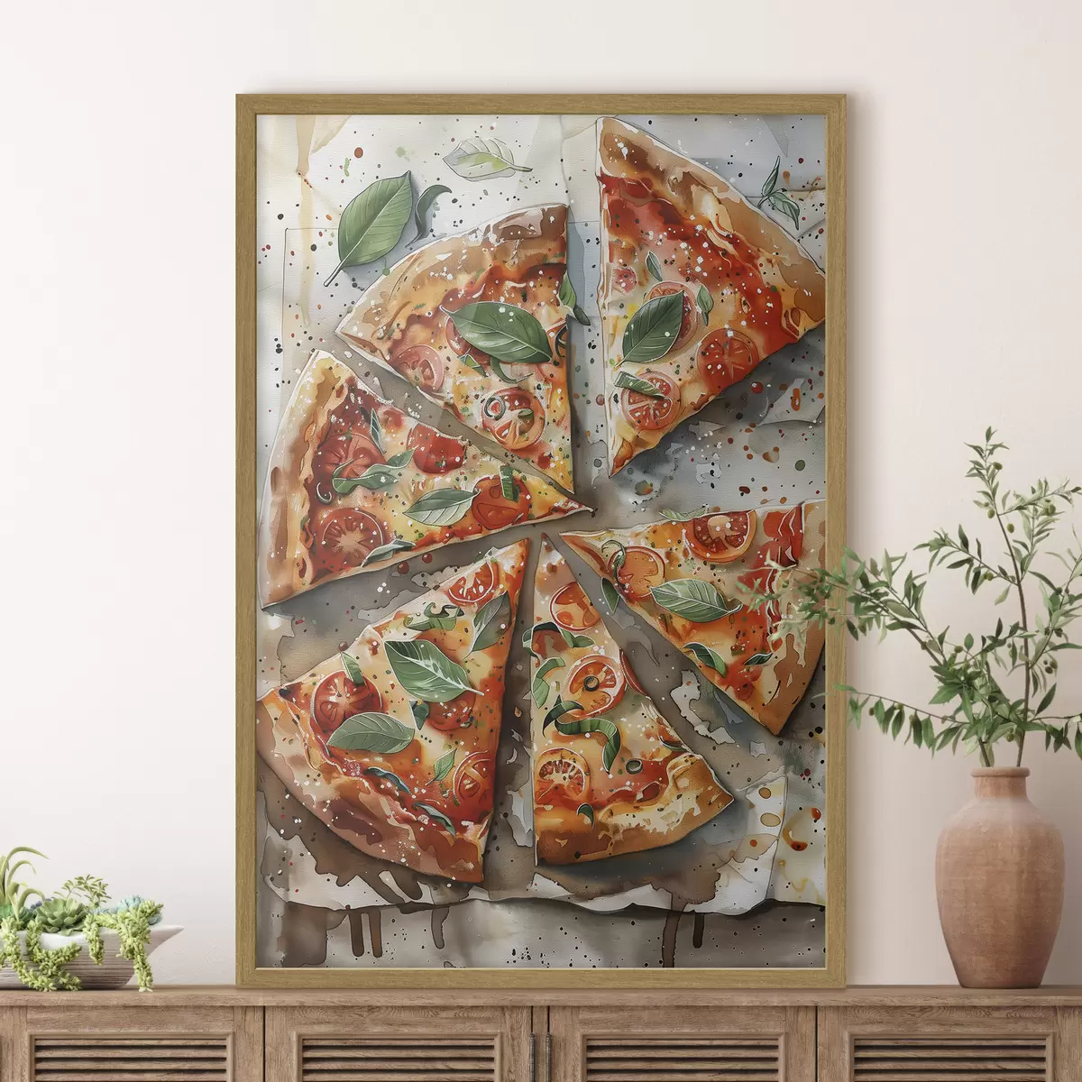 Poster Deliziosa pizza italiana, arte alimentare ad acquerello, margarita, pomodori f39703