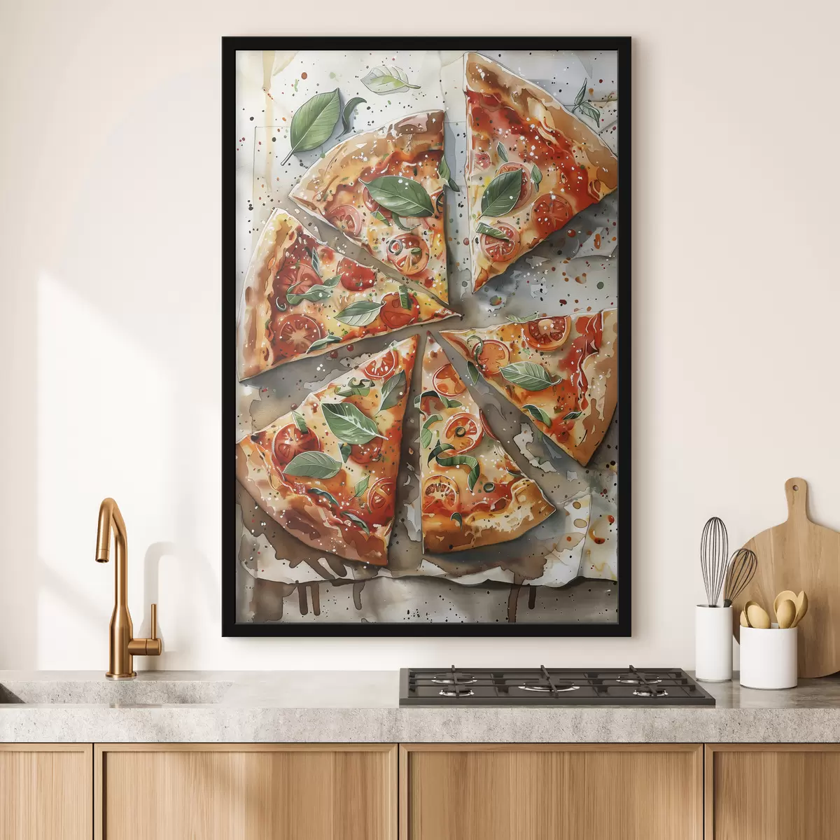 Poster Deliziosa pizza italiana, arte alimentare ad acquerello, margarita, pomodori f39703