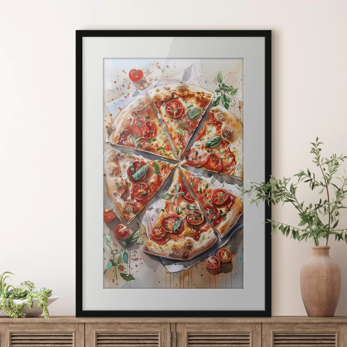 Poster Pizza acquerello, deliziosa, pomodori e formaggio, arte alimentare, tavolo in legno f39704