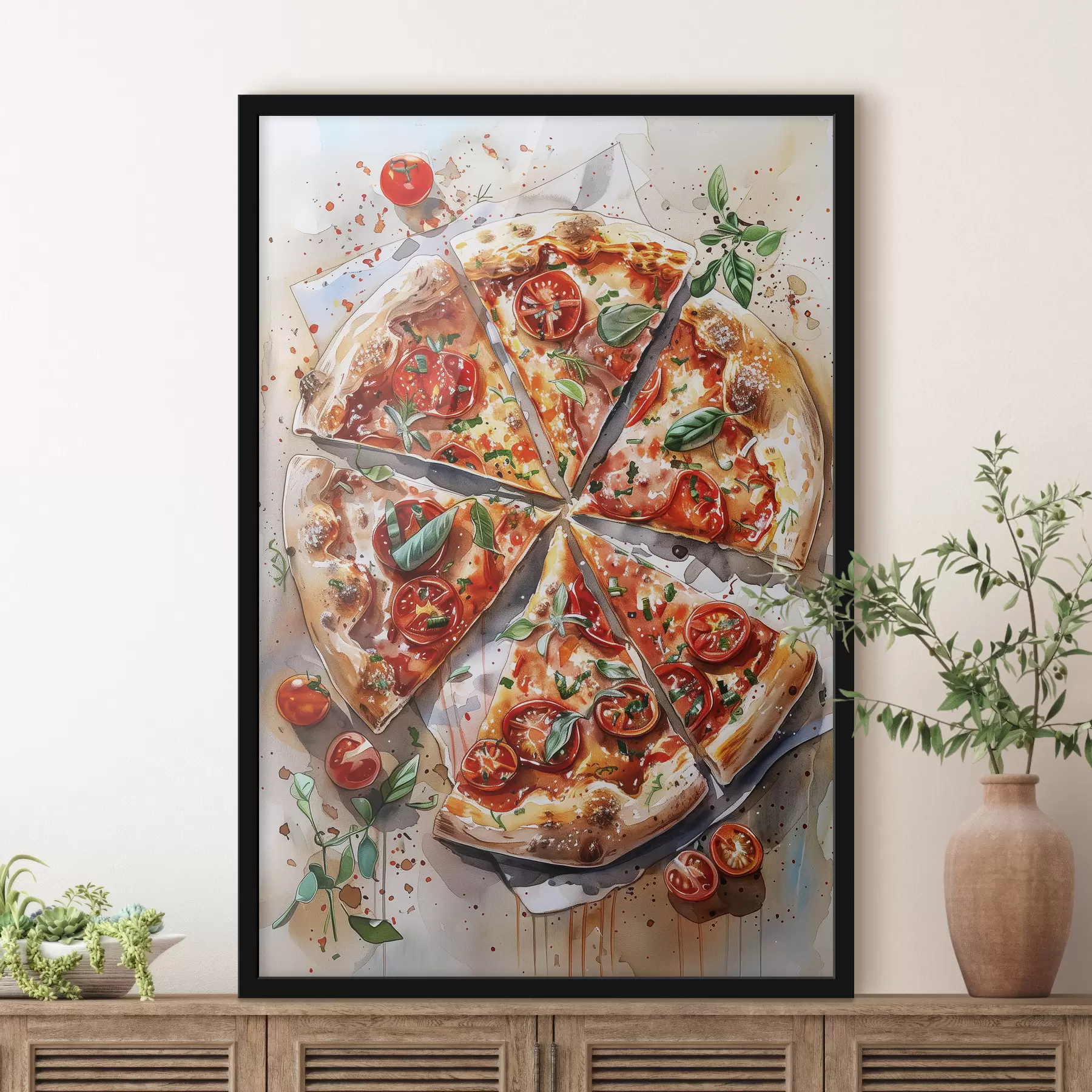 carta da parati Pizza acquerello, deliziosa, pomodori e formaggio, arte alimentare, tavolo in legno nr. f39704