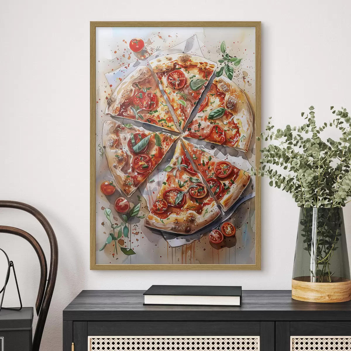 Poster Pizza acquerello, deliziosa, pomodori e formaggio, arte alimentare, tavolo in legno f39704