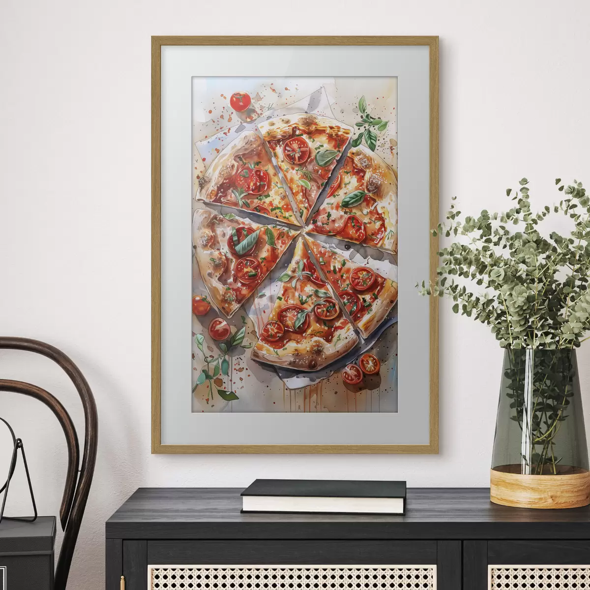 Poster Pizza acquerello, deliziosa, pomodori e formaggio, arte alimentare, tavolo in legno f39704