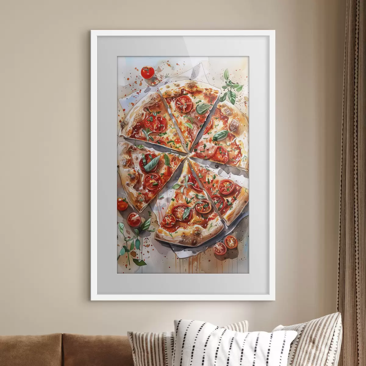 Poster Pizza acquerello, deliziosa, pomodori e formaggio, arte alimentare, tavolo in legno f39704