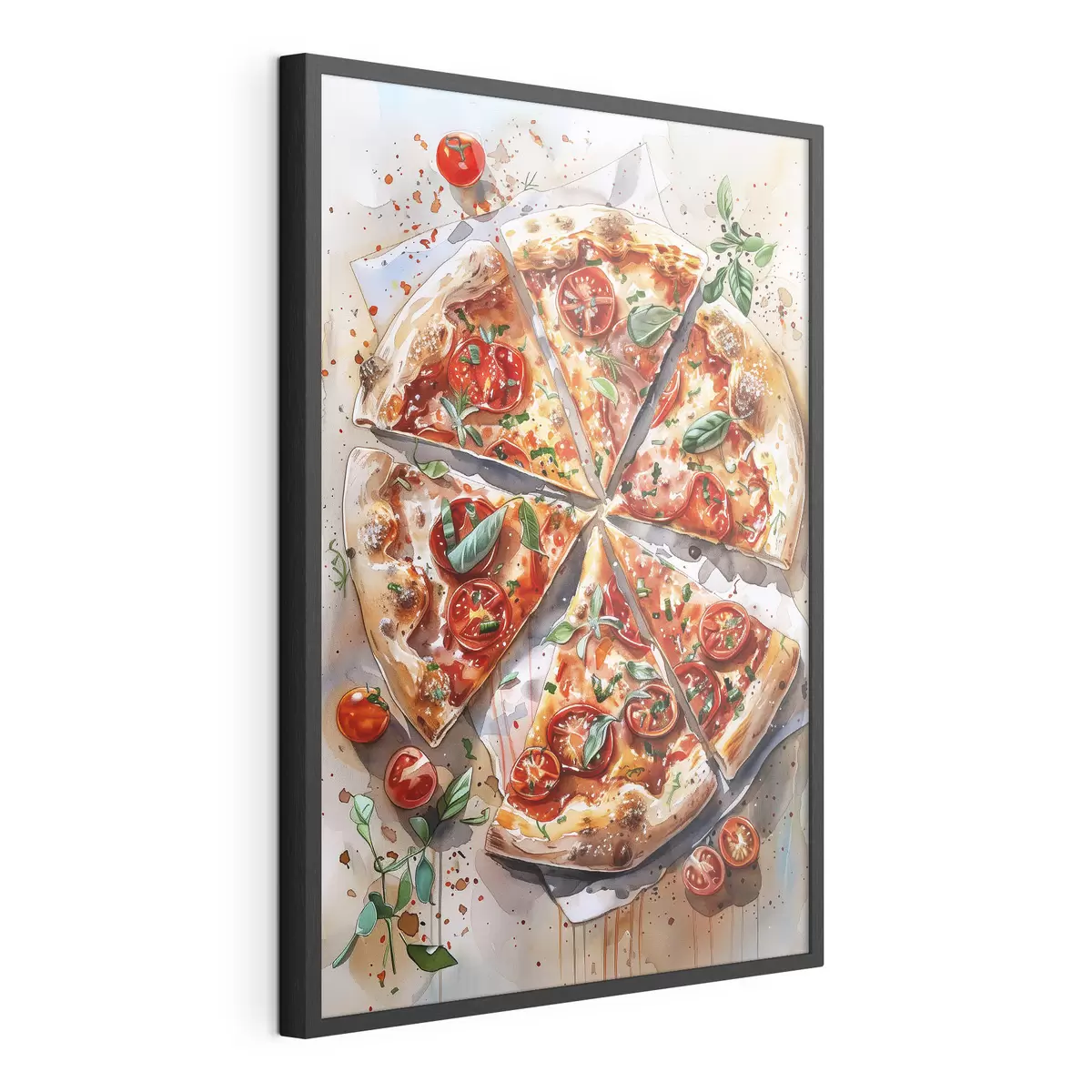 Poster Pizza acquerello, deliziosa, pomodori e formaggio, arte alimentare, tavolo in legno f39704