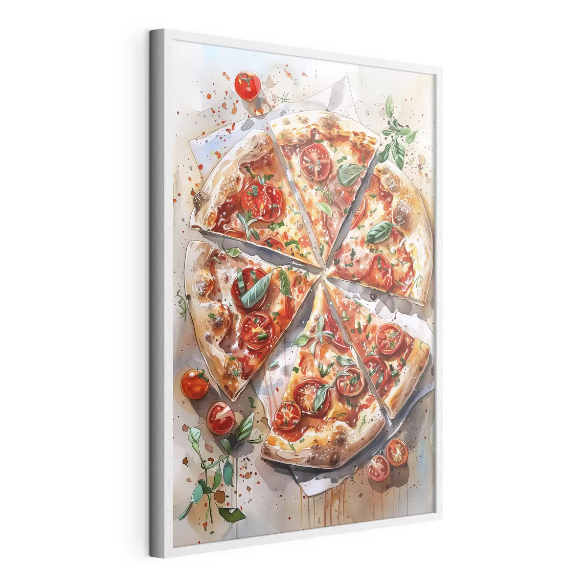 Poster Pizza acquerello, deliziosa, pomodori e formaggio, arte alimentare, tavolo in legno f39704