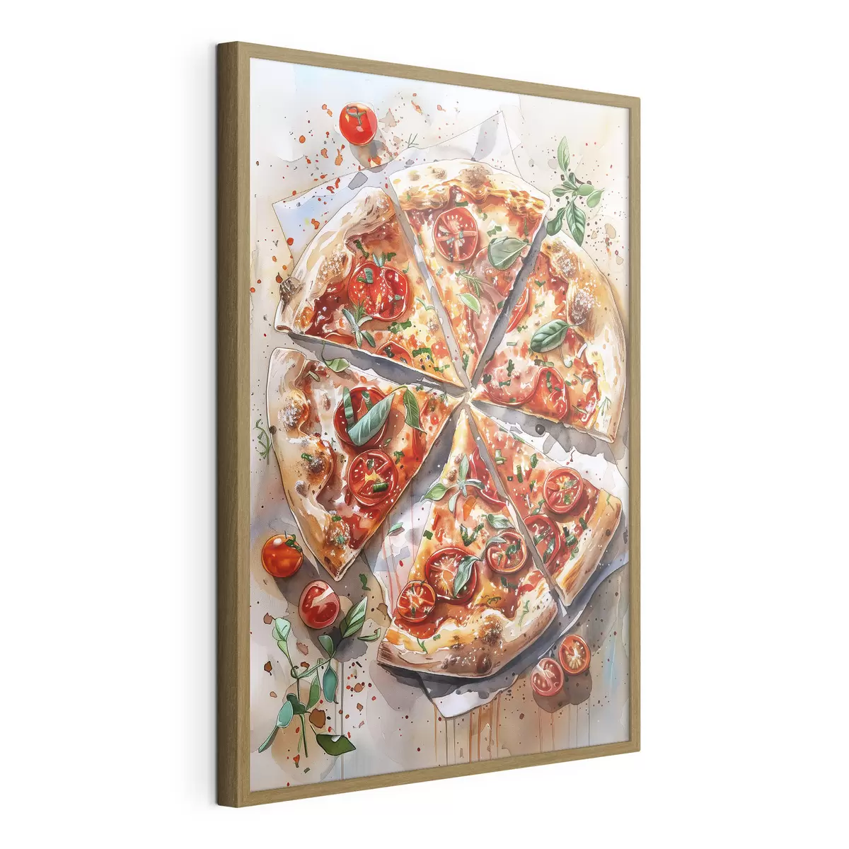 Poster Pizza acquerello, deliziosa, pomodori e formaggio, arte alimentare, tavolo in legno f39704