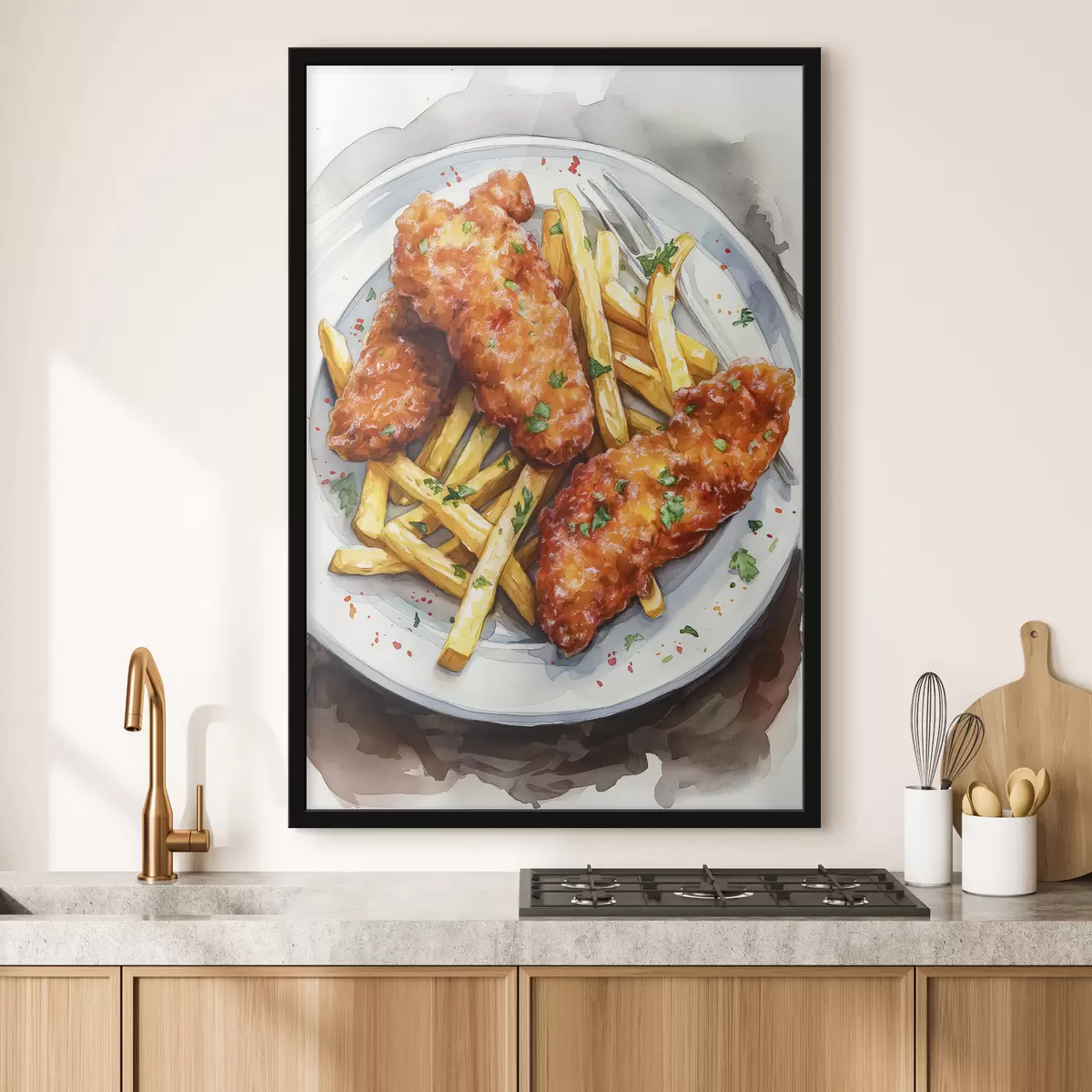 Poster Arte alimentare ad acquerello, patatine fritte con pollo arrosto, deliziosa f39708